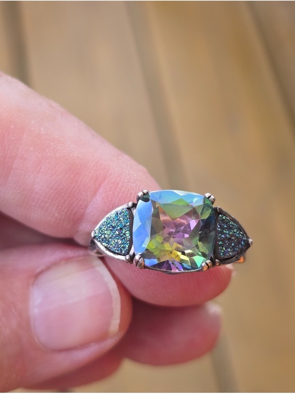 Vintage Sterling Silver Mystic Topaz & Druzy Quartz Statement Ring - Size 10 - Picture 12 of 12